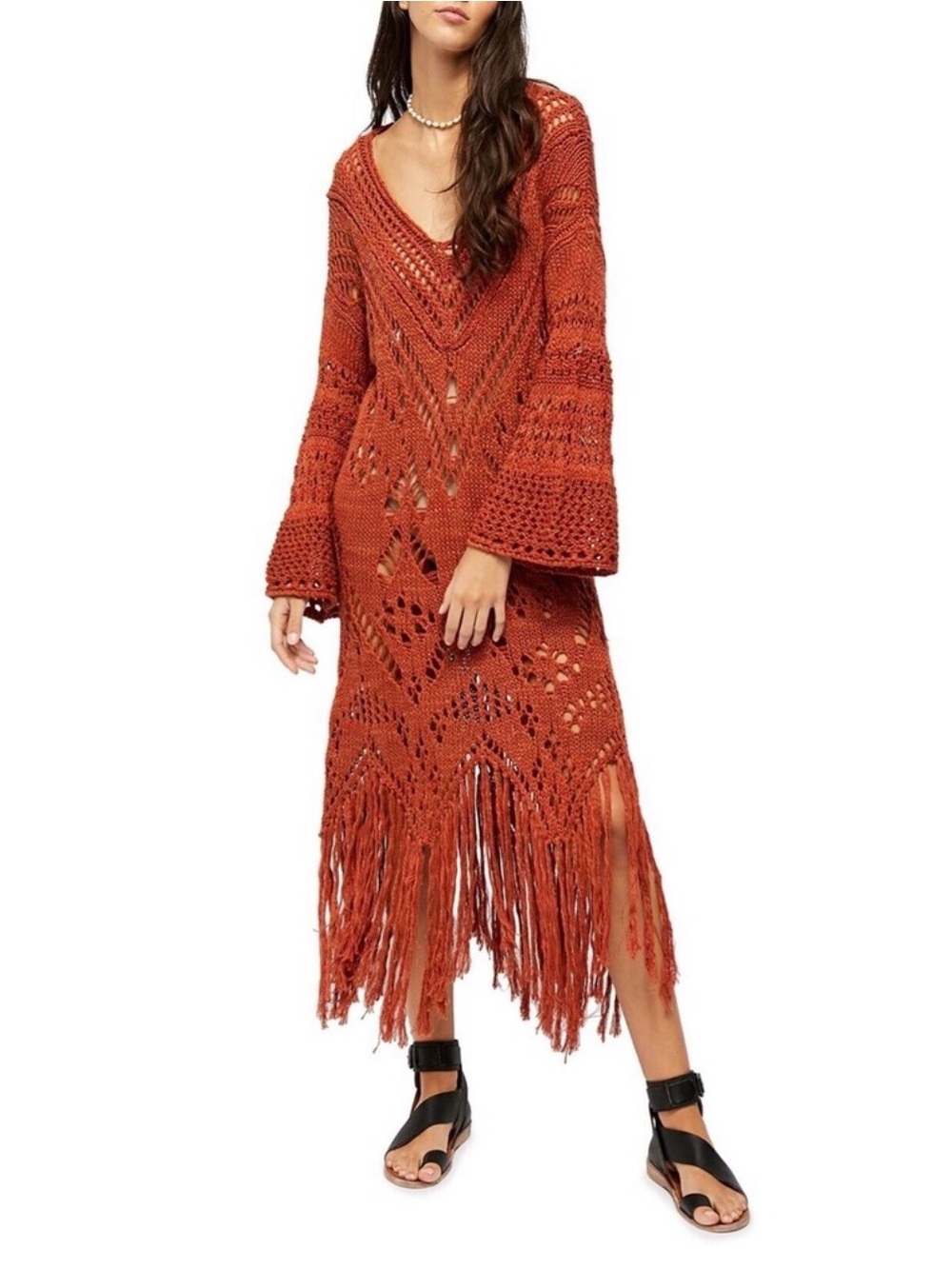 Free People Constellation Mars Dust Cotton Linen Crochet Fringe Sweater Dress